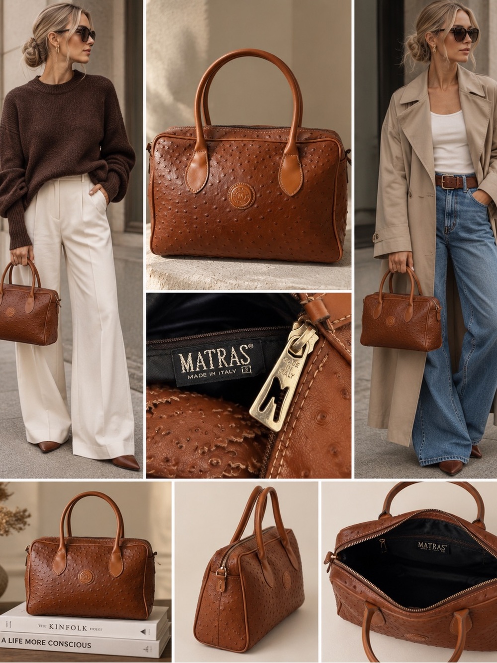 Vintage Matras Made in Italy Ostrich Embossed Leather Cognac Satchel Handbag